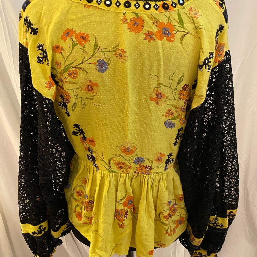 Free People Yellow Floral Blouse with Black Lace - Picture 10 of 11